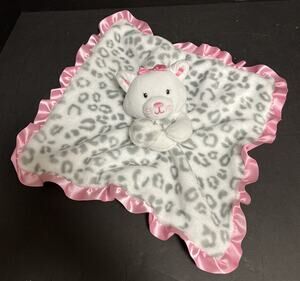 Okie Dokie Cat Leopard Plush Pink Grey Satin Ruffle Baby Security Lovey Blanket